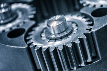 Poster - engine gear wheels, industrial background,  Industry car service concept blue tone