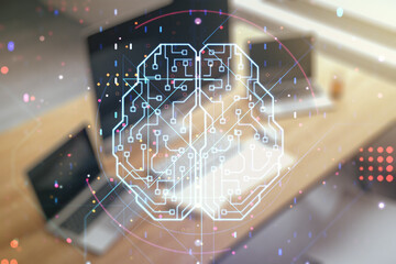 Poster - Creative artificial Intelligence concept with human brain hologram and modern desktop with computer on background. Multiexposure
