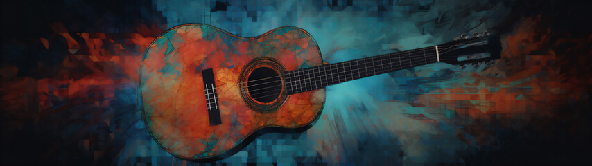 Abstract background illustration of a acoustic guitar with grunge noise and colorful texture. Music industry theme. Generative AI