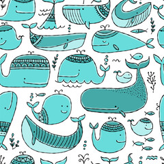 Poster - Funny wild whales family. Childish style, turquoise colors. Seamless pattern background for your design