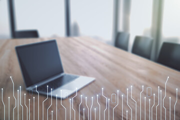 Aufkleber - Creative abstract micro circuit sketch on modern laptop background, future technology and AI concept. Double exposure