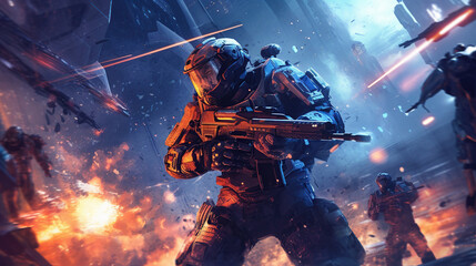 game characters. action scene with soldiers in armor at war against invading monsters and aliens, sc
