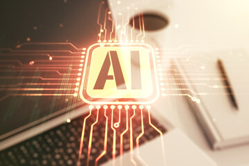 Poster - Creative artificial Intelligence symbol concept with modern laptop on background. Multiexposure