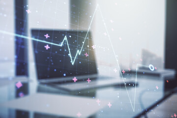 Poster - Creative abstract heart rate sketch on modern laptop background, Medicine and healthcare concept. Multiexposure