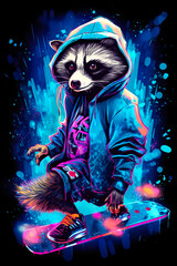 Wall Mural - A raccoon in a hoodie riding a skateboard. Generative AI.