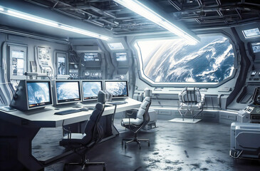 Wall Mural - futuristic interior of a laboratory or scientific station on a planet. created with generative ai te