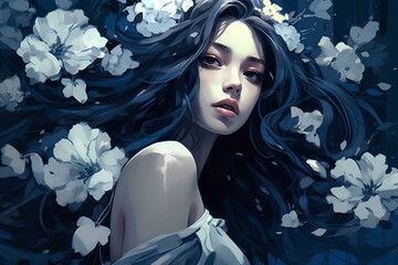 Wall Mural - dark and brooding anime style drawing of a girl with flowers in her hair. generative AI