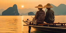 Couple Of Vietnamese On Traditional Fishing Boat At Sunset In Vietnam. Generative Ai