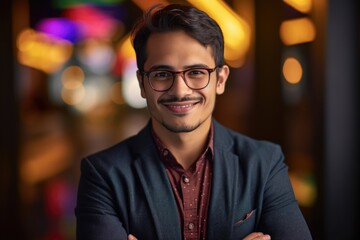 Young smart hispanic businessman, smiling face, standing in blur background of creative colorful office interior design. Generative AI AIG20.