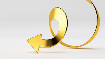 3d render, abstract spiral gold arrow, isolated on white background. Metallic direction sign