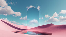 3d Render. Abstract Fantastic Background. Surreal Fantasy Landscape. Pink Desert With Lake And Geometric Mirror Under The Blue Sky With White Clouds. Modern Minimal Wallpaper