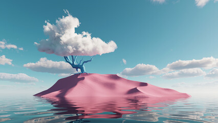 Wall Mural - 3d render. Abstract unique background. Surreal scenery. Fantasy landscape of pink island surrounded by calm water, tree metaphor under the blue sky with white clouds. Modern minimal wallpaper