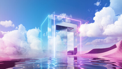3d render. Abstract aesthetic background. Surreal fantasy landscape. Water, pink desert, neon linear arch and chrome metallic gate under the blue sky with white clouds. Virtual reality wallpaper