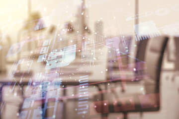 Poster - Multi exposure of abstract creative coding sketch on a modern furnished office background, artificial intelligence and neural networks concept