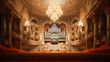 A stage with a chandelier and a chandelier hanging from the ceiling. Classical music or opera theater interior. Generative AI.
