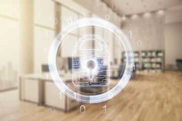 Poster - Double exposure of virtual creative lock hologram with chip on modern corporate office background. Information security concept