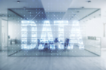 Aufkleber - Data word hologram on a modern furnished office interior background, big data and blockchain concept. Multiexposure