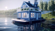 A houseboat floating on top of a body of water. AI generative. Tiny house illustration.