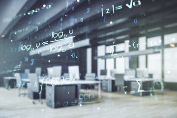 Abstract scientific formula hologram on a modern furnished office background. Multiexposure