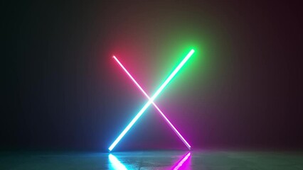 Poster - cycled 3d animation, abstract neon background. crossed fluorescent linear lamps spin and rotate endl