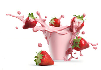 Canvas Print - Milk or yogurt splash in a glass with strawberries isolated on white background, 3d rendering.