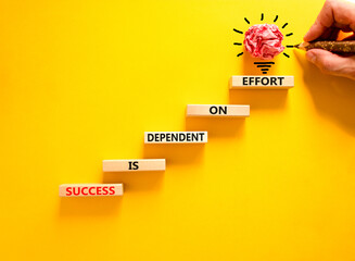Wall Mural - Success and effort symbol. Concept words Success is dependent on effort on wooden block. Beautiful yellow table yellow background. Businessman hand. Business success and effort concept. Copy space.
