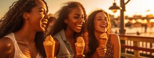 Group Of Girls Laughing And Eating Ice Cream Cones On The Beach Boardwalk In The Summertime - Generative AI 