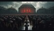 A picture of the funeral of a famous person, a crowd of people from the criminal world stand with umbrellas in the rain against the backdrop of the temple. Generative AI