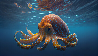 Wall Mural - Endangered Octopus cruises in the warm water under sea Ai generated image
