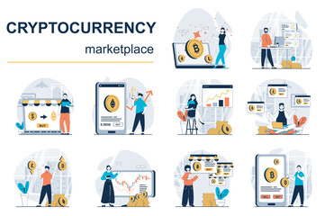 Poster - Cryptocurrency marketplace concept with character situations mega set. Bundle of scenes people analysing financial trends on exchange, buy or sell bitcoins. Vector illustrations in flat web design
