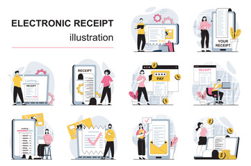 Poster - Electronic receipt concept with character situations mega set. Bundle of scenes people receiving digital forms of bills, check and invoice and paying online. Vector illustrations in flat web design
