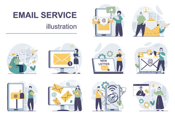 Poster - Email service concept with character situations mega set. Bundle of scenes people receiving and sending letters, using mail apps and correspondence delivery. Vector illustrations in flat web design