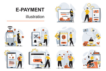 Poster - e-payment concept with character situations mega set. bundle of scenes people paying online for purc