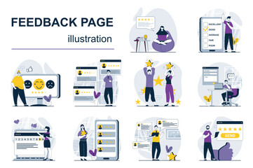 Wall Mural - Feedback page concept with character situations mega set. Bundle of scenes people leaving comments with customer experience review, rating and evaluate online. Vector illustrations in flat web design