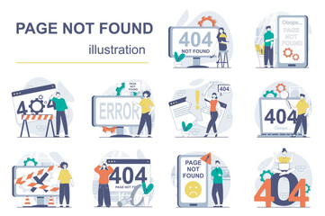 Leinwandbilder - Page not found concept with character situations mega set. Bundle of scenes people having problems with connection, seeing error text or 404 mistake on screens. Vector illustrations in flat web design