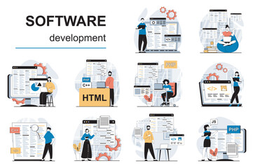 Wall Mural - Software development concept with character situations mega set. Bundle of scenes people coding and testing program code, creating apps, working on computer. Vector illustrations in flat web design