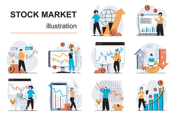 Poster - Stock market concept with character situations mega set. Bundle of scenes people analyzing market trends, research financial data, success trading on exchange. Vector illustrations in flat web design