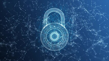 Fototapete - privacy and cyber security dot and line wireframe dark blue background, technology wireframe blue background, security lock wireframe plexus animation blue technology background