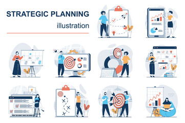 Poster - Strategic planning concept with character situations mega set. Bundle of scenes people analyze data statistics, create development plan, improving strategy. Vector illustrations in flat web design