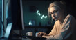 blonde caucasian girl using computer sitting at home office at night. Neural network generated in May 2023. Not based on any actual person, scene or pattern. Generative AI