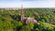 Aerial view of historic landmark Cathedral of the Incarnation in Garden City, Long Island, New York,