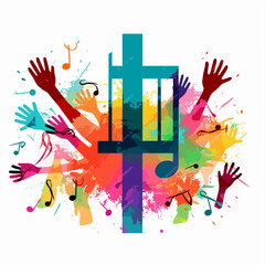 Wall Mural - Colorful christian cross music notes hands vector illustration