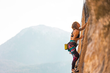 Wall Mural - The sports girl is engaged in rock climbing