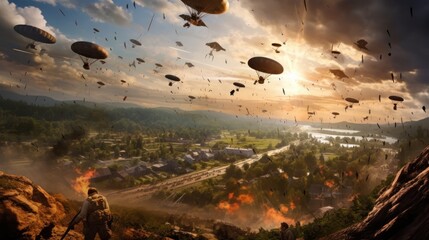 Visualize a thrilling airborne assault, with paratroopers descending from the sky, aircraft soaring overhead, and a chaotic battlefield unfolding below