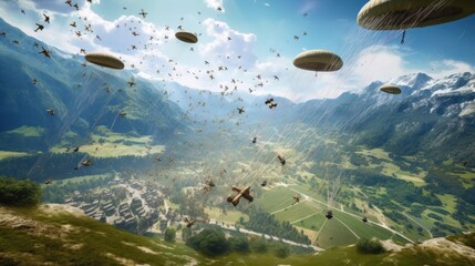 Visualize a thrilling airborne assault, with paratroopers descending from the sky, aircraft soaring overhead, and a chaotic battlefield unfolding below