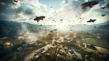Visualize A Thrilling Airborne Assault, With Paratroopers Descending From The Sky, Aircraft Soaring Overhead, And A Chaotic Battlefield Unfolding Below