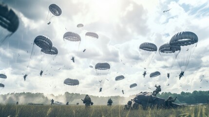 Visualize a thrilling airborne assault, with paratroopers descending from the sky, aircraft soaring overhead, and a chaotic battlefield unfolding below