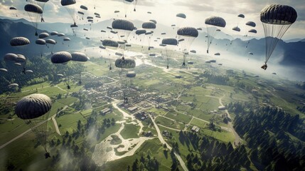 Visualize a thrilling airborne assault, with paratroopers descending from the sky, aircraft soaring overhead, and a chaotic battlefield unfolding below