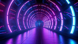 Fototapeta Przestrzenne - Fluorescent neon tunnel with a vibrant wall of lights in indigo and pink hues.
