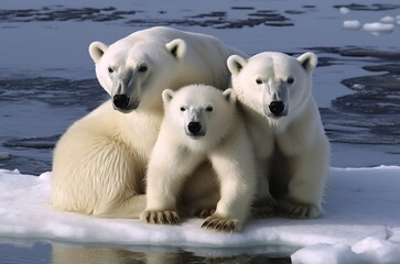 Wall Mural - Polar bear with cubs on ice floe. Generative AI